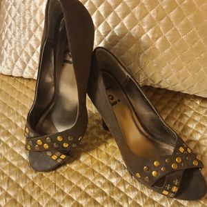 Chocolate Brown Distressed-Look Embellished Heels